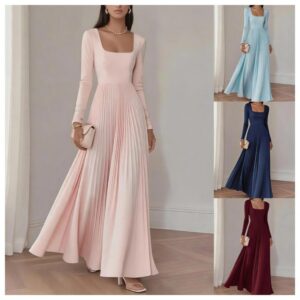 Femme Square-Neck Manches Longues Waist-Cinching Pleated Robe
