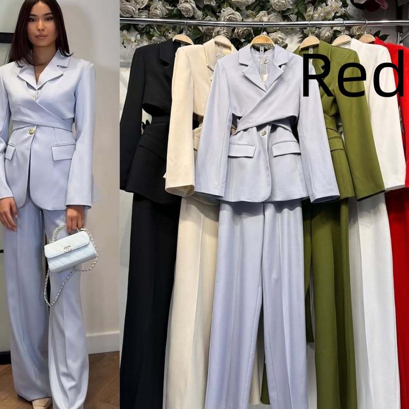 Femme Lapel-Collar Cross-Front Blazer And Straight-Leg Pantalon