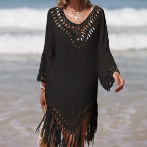 Uni Color Long Tassel Sun Protective Cover Up - Ample Fit Respirant Flowing Beach Shawl