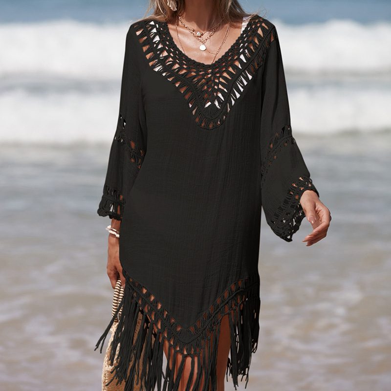 Uni Color Long Tassel Sun Protective Cover Up - Ample Fit Respirant Flowing Beach Shawl
