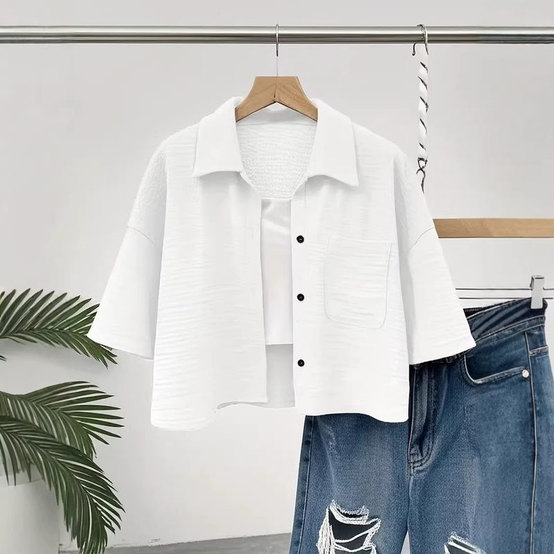 Blouse Cropped Unie à Poches Boutonnées pour Femme