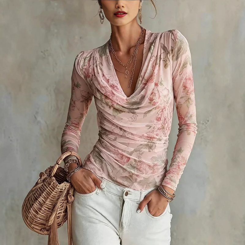 Femme Off-Shoulder Col V Cinched-Waist Floral Chiffon Manches Longues Top