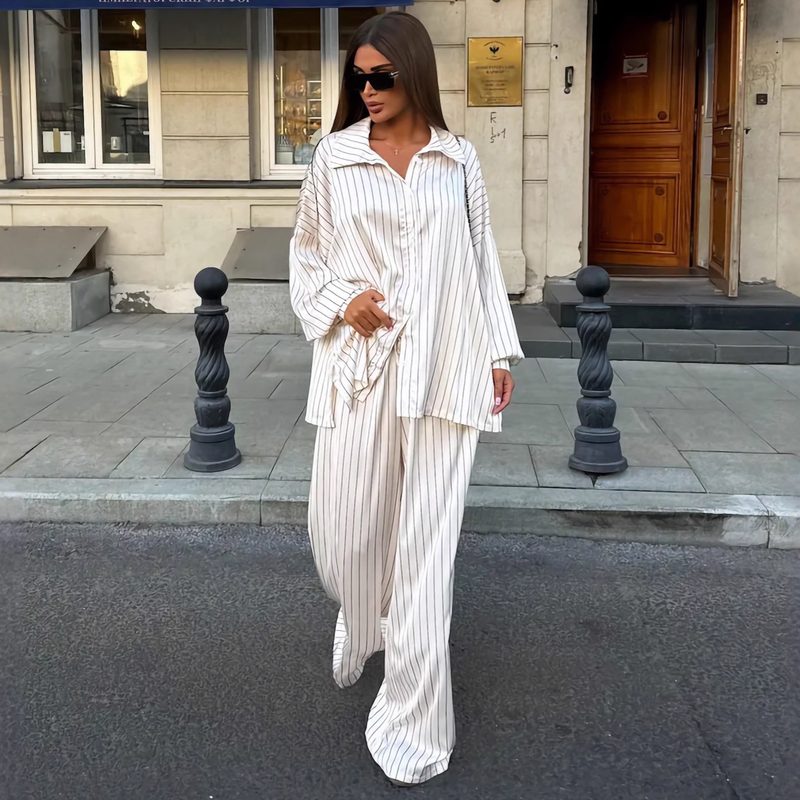 Striped Manches Longues Shirt Cardigan And Wide-Leg Pantalon Two-Piece Set