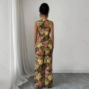 Femme Imprimé Waist-Cinching Sleeveless Vest Top High-Waisted Wide-Leg Pantalon Two-Piece Set