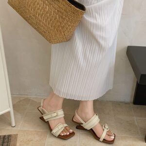French Rétro Open Toe Sandals, Designer Straw Woven Genuine Leather Comfy Outdoor Summer Chaussures For Vacation