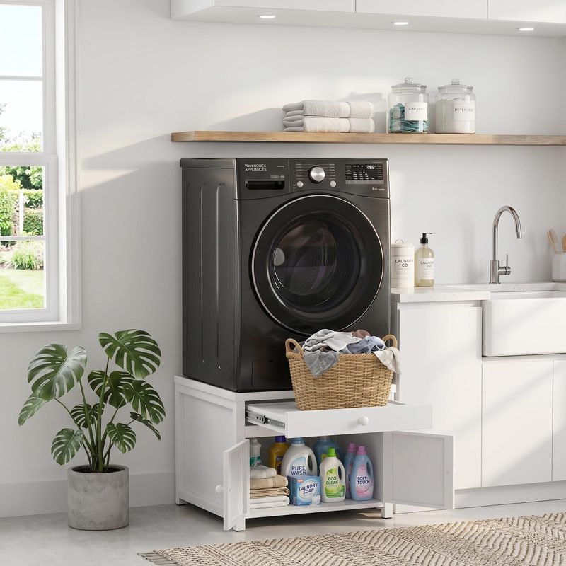 Washer And Dryer Pedestals Stand With Pull-Out Shelf, 29Icnh W Universal Fit Metal Laundry Pedestal With Drainage And Enclosed Storage, Heavy Duty, Anti-Vibration, 770 Lbs Capacity, 23Inch H, White