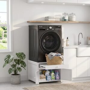Washer And Dryer Pedestals Stand With Pull-Out Shelf, 29Icnh W Universal Fit Metal Laundry Pedestal With Drainage And Enclosed Storage, Heavy Duty, Anti-Vibration, 770 Lbs Capacity, 23Inch H, White
