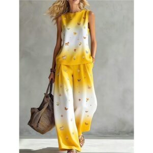 Style Rainbow Tie-Dye Sleeveless Crew-Neck Top And Wide-Leg Pantalon Femme Décontracté Two-Piece Set