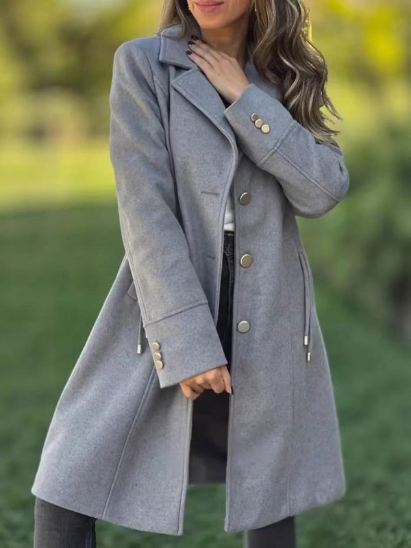Femme Uni-Color Mid-Length Wool Manteau With Drawstring And Pockets