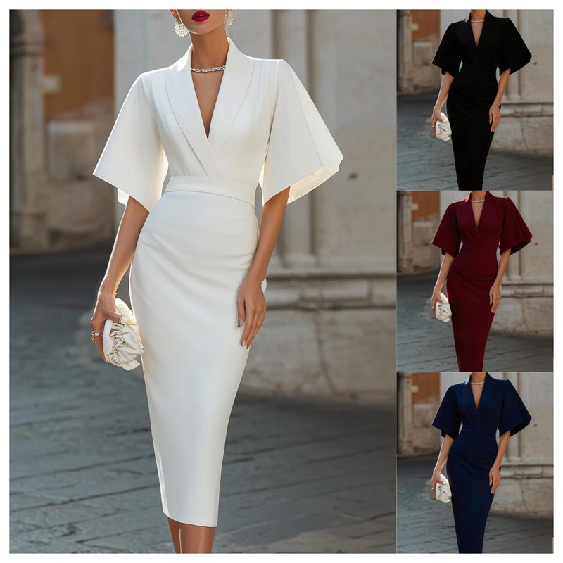 Femme Col V, Flared-Sleeve Sheath Midi Evening Robe