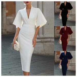 Femme Col V, Flared-Sleeve Sheath Midi Evening Robe