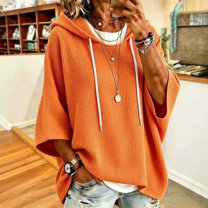 Waffle-Knit Hooded Sweatshirt With Drawstrings
