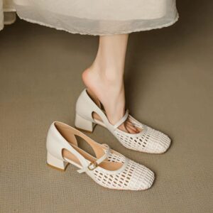 Square Toe Woven Openwork Mary Jane Sandals Femme Mid Heel Single Strap
