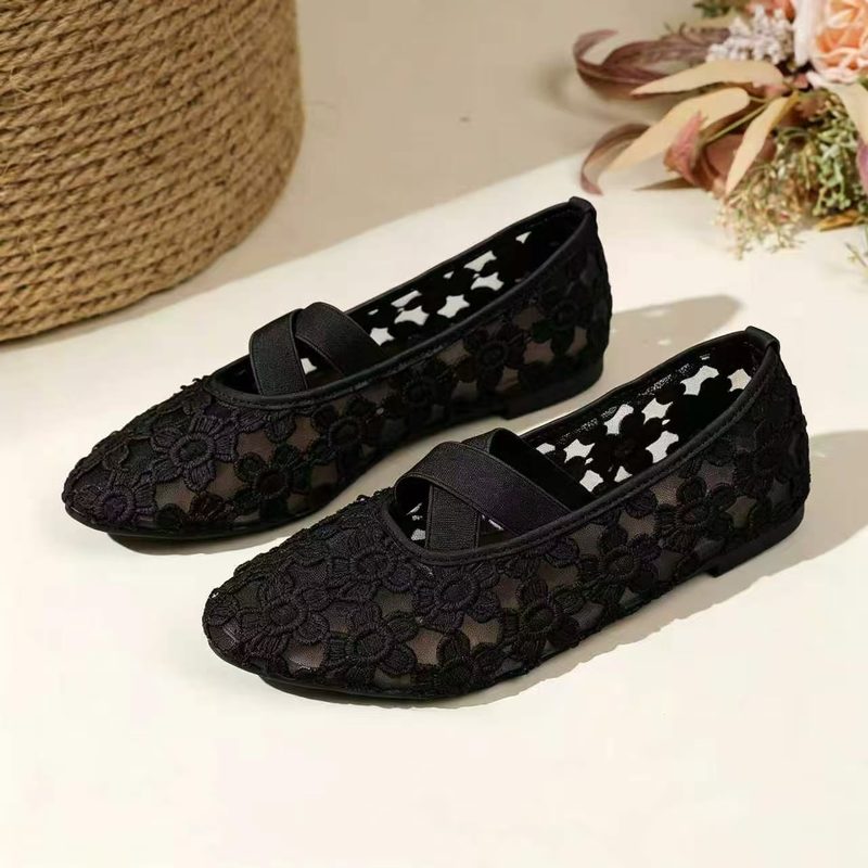 Femme Hollowed-Out Lace Mesh Embroidered Shallow-Toe Flat Chaussures