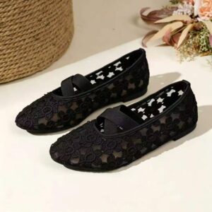 Femme Hollowed-Out Lace Mesh Embroidered Shallow-Toe Flat Chaussures