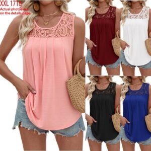 Sleeveless Lace Pleated Crew-Neck Décontracté Femme Top