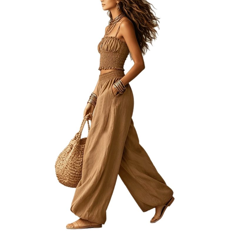 Ensemble Élégant : Top Court Bustier et Pantalon Lanterne Fluide