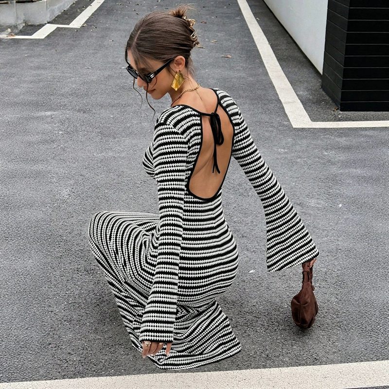 Round-Neck Bell-Sleeve Backless Striped Knit Robe