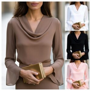 Femme Ruffled Col V Flared Manches Longues Top