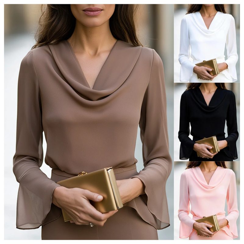 Femme Ruffled Col V Flared Manches Longues Top