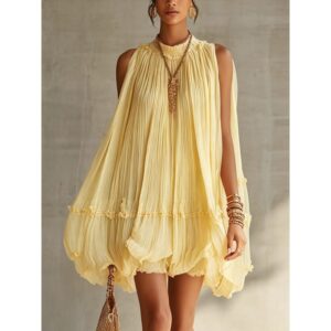 Ample Flared Figure-Flattering Pleated Sleeveless Midi Jupe