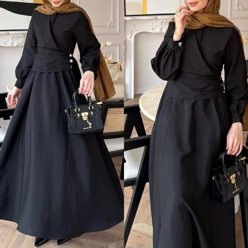 Femme Round-Neck Waist-Cinched Robe With Puff Sleeves