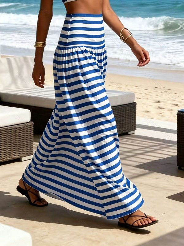 Striped High-Waisted Flared Midi Jupe With A Beach Vacation Vibe