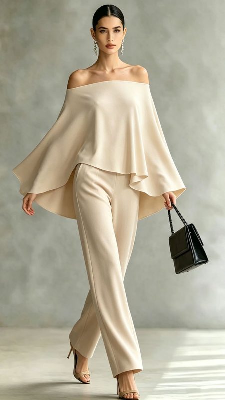 Autumn Off-Shoulder Wide-Leg Pantalon Set Femme Uni-Color Asymmetric Two-Piece Set