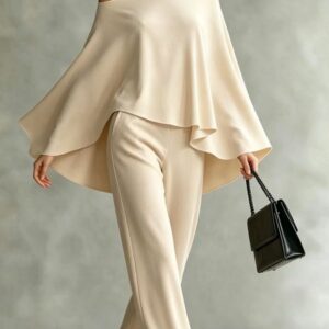 Autumn Off-Shoulder Wide-Leg Pantalon Set Femme Uni-Color Asymmetric Two-Piece Set
