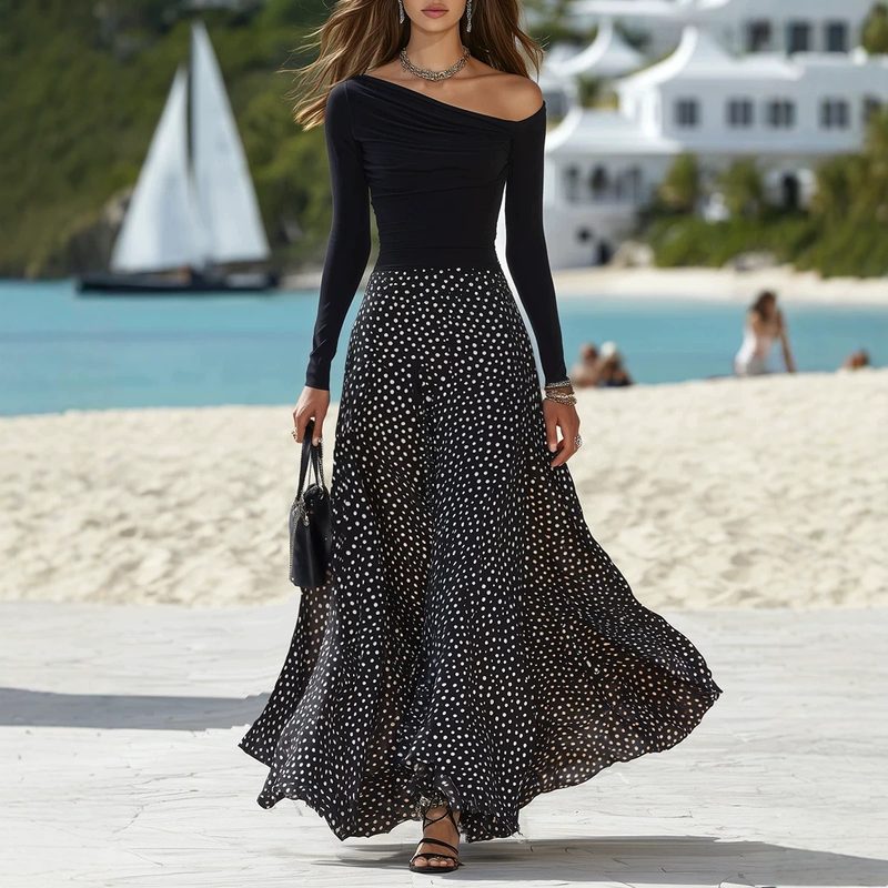 Autumn Arrival Resort-Style One-Shoulder Manches Longues Polka-Dot Maxi Robe Set