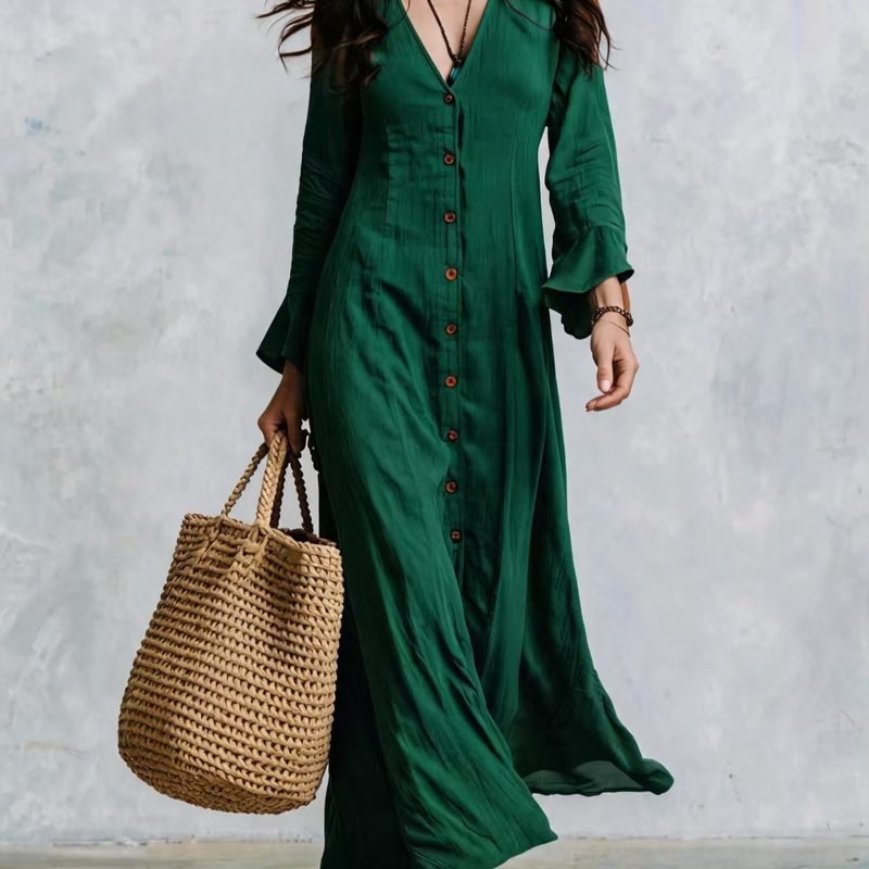 Cotton And Linen Long-Sleeved Button-Front Robe