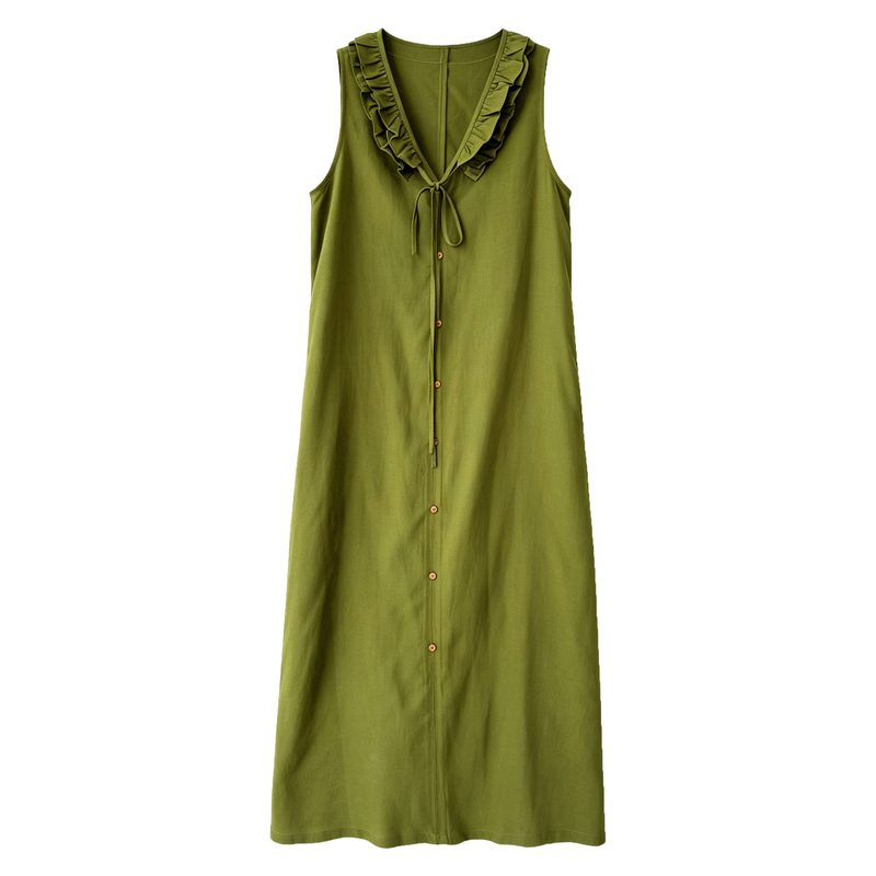 Femme Sleeveless Col V Robe With Ruffle Trim