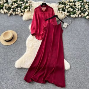 Femme Uni Color Thin Ample Fitting Manches Longues Sun Protective Blouse And Strap Robe