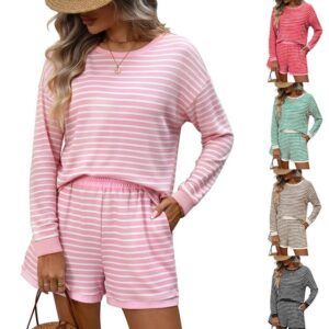 Femme Crew-Neck Spliced Manches Longues Shorts Two-Piece Set