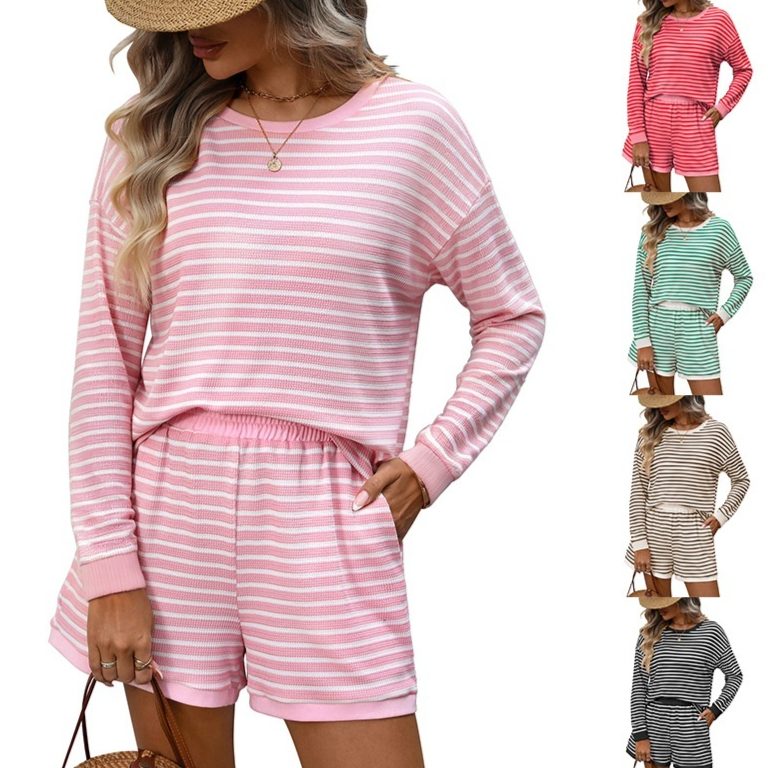 Femme Crew-Neck Spliced Manches Longues Shorts Two-Piece Set