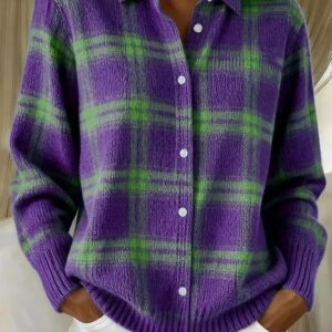 Femme Coupe Ample Plaid Manches Longues Lapel Shirt