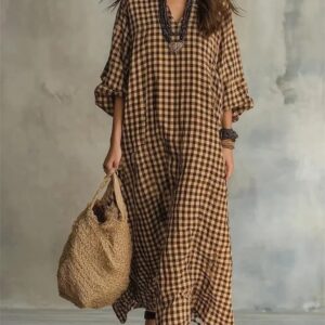 Rétro Plaid Ample Cotton-Linen Femme