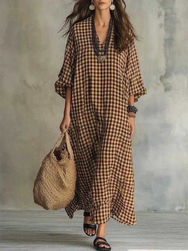 Rétro Plaid Ample Cotton-Linen Femme Robe