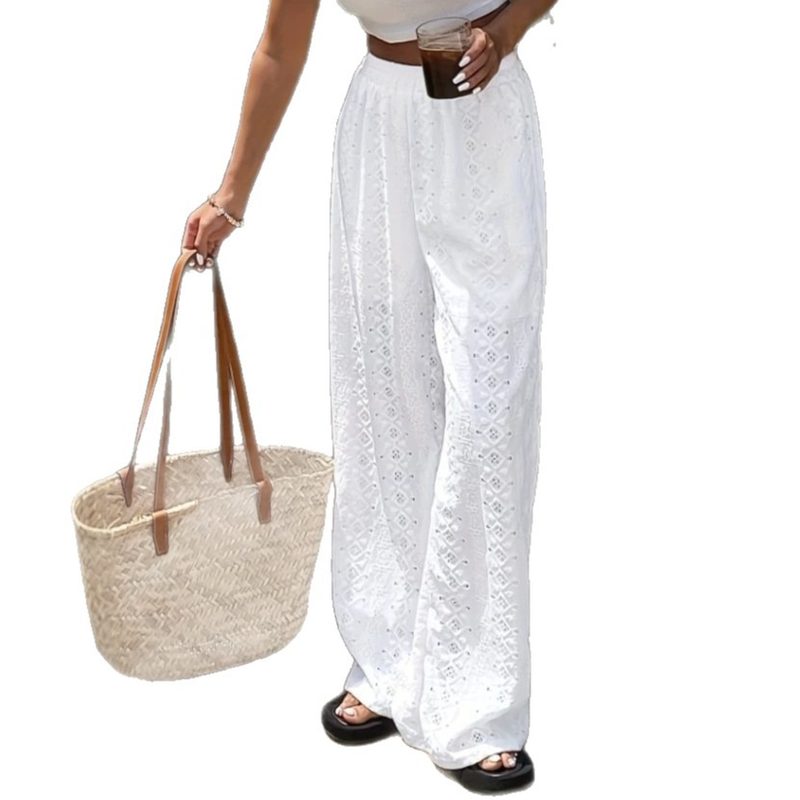 Pantalon Femme Uni en Dentelle Brodé Ajouré