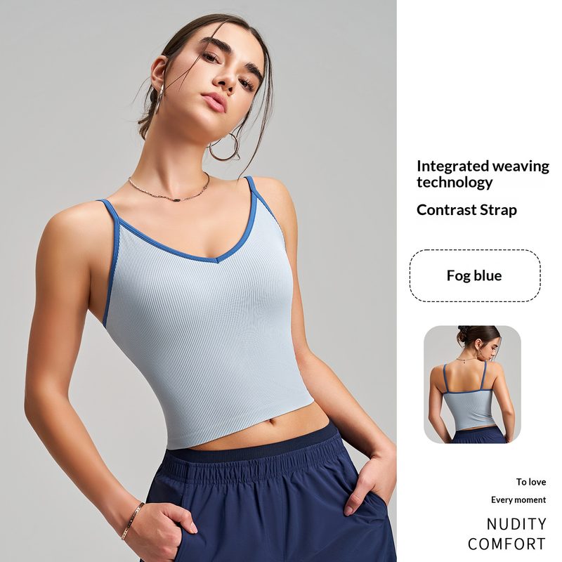 Color-Block Col V Camisole With Built-In Padded Cups, Color-Block Straps, Wearable As Outerwear, Sports Tank Top For Pilates And Yoga With Back-Flattering Design