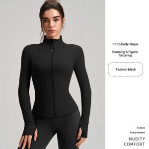 Coupe Ajustée Sports Veste, Manches Longues Yoga Top With Finger Cuffs, Stand Collar Premium Yoga Wear
