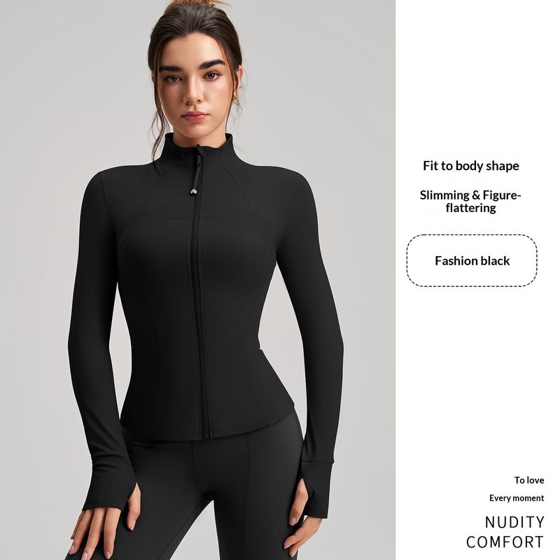 Coupe Ajustée Sports Veste, Manches Longues Yoga Top With Finger Cuffs, Stand Collar Premium Yoga Wear