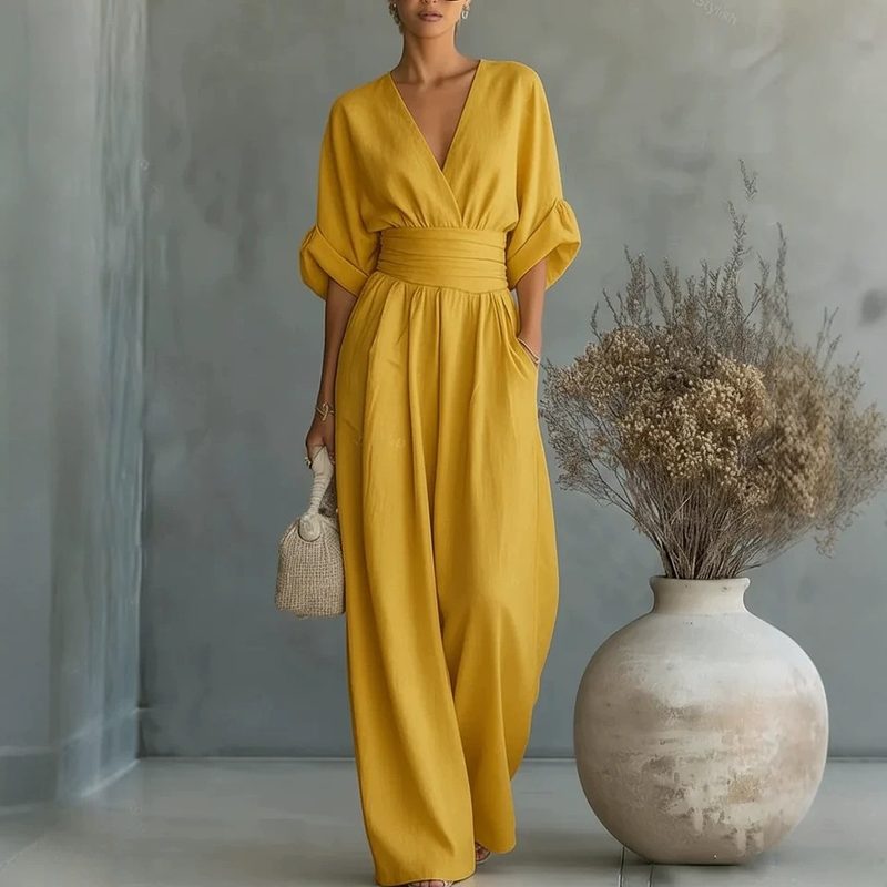 Combinaison Fluide d'Été pour Femme – Col V, Manches Courtes et Jambes Larges – Tendance & Décontractée