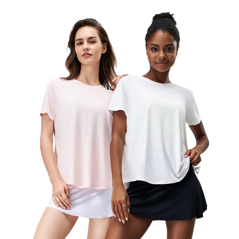 Summer Yoga Manches Courtes Sports Top, Quick-Dry, Coupe Ample, Respirant, Ice Silk Cool Touch, Sun Protection, Back Slit Design