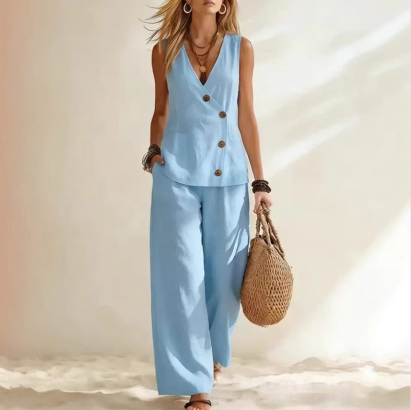 Ensemble Décontracté Élégant : Gilet Boutonné et Pantalon Uni