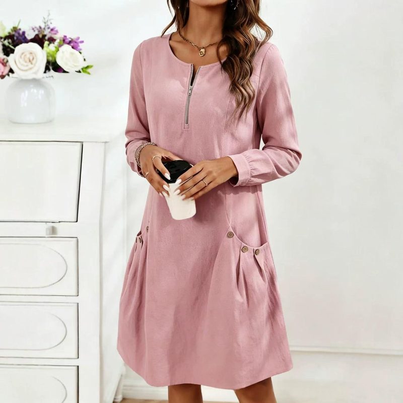 Femme Half-Zip Crew-Neck Manches Longues Button-Down Robe