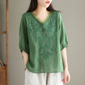 Embroidered Décontracté Versatile Léger High-End Cotton-Linen Shirt