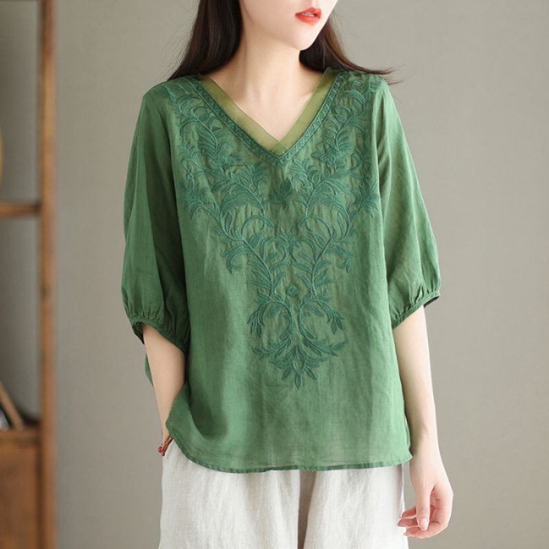 Embroidered Décontracté Versatile Léger High-End Cotton-Linen Shirt