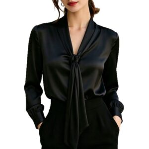 Satin Ribbon Col V Knotted Manches Longues Shirt