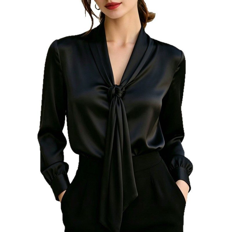 Satin Ribbon Col V Knotted Manches Longues Shirt